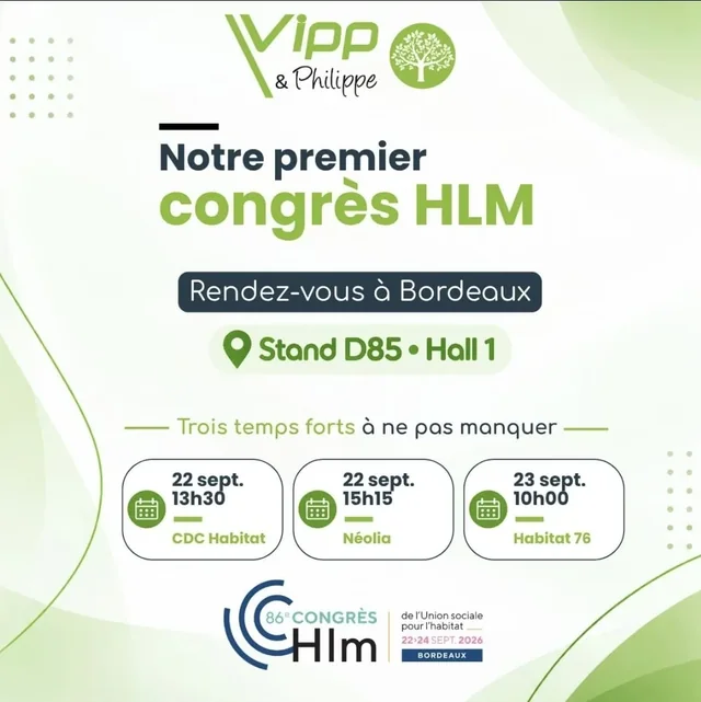 Affiche « Notre premier congrès HLM » de VIPP & Philippe : stand D85, hall 1, trois temps forts avec CDC Habitat, Néolia et Habitat 76