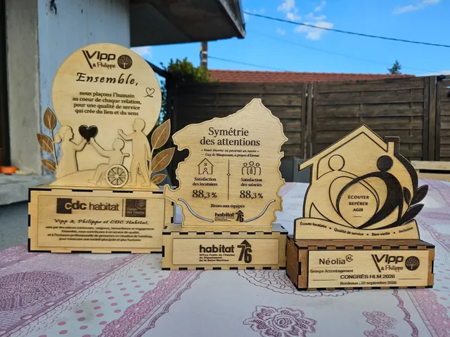 Trophées en bois préparés pour CDC Habitat, Habitat 76 (« Symétrie des attentions ») et Néolia